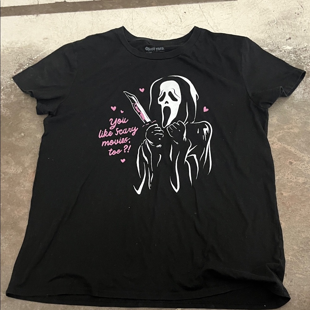 Hot Topic Black Short Sleeve Tee with Pink and White Graphic